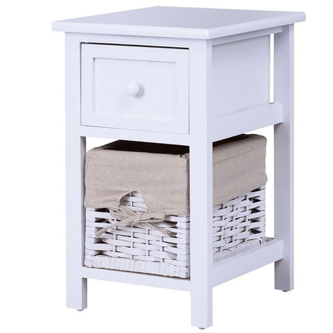 Mini 2 Tier 1 Drawer Wood Nightstand with Basket MDF and Solid Paulownia Wood Nightstand with Withdrawable Storage Box HW55996