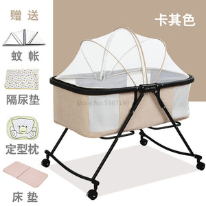 Baby Cot Foldable Portable Baby Cot Multifunctional Newborn Cradle Bed Comfort BB Bed with Roller