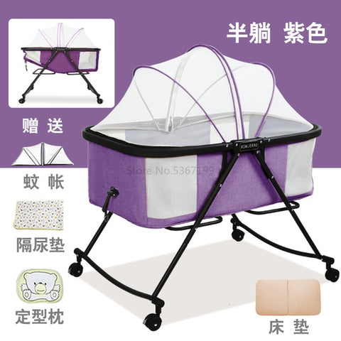 Baby Cot Foldable Portable Baby Cot Multifunctional Newborn Cradle Bed Comfort BB Bed with Roller