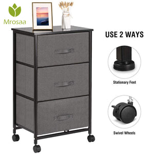 Vertical Dresser Storage Cabinet 3-Drawer Bedroom Nightstand On-Wheels, Adjustable Feet & Rolling Wheels, Wood Top, Fabric Bins