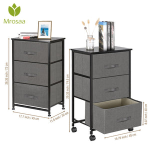 Vertical Dresser Storage Cabinet 3-Drawer Bedroom Nightstand On-Wheels, Adjustable Feet & Rolling Wheels, Wood Top, Fabric Bins